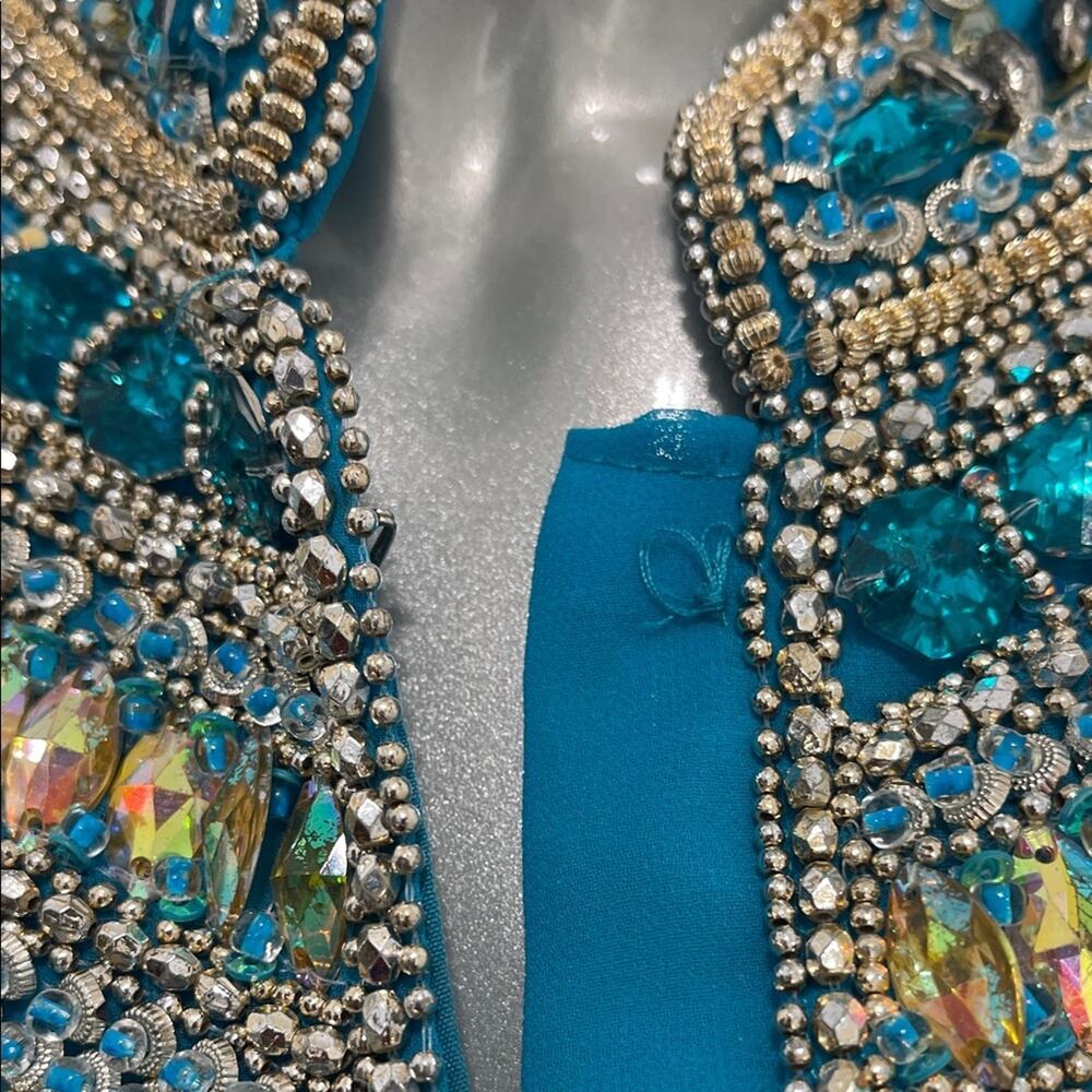 Moroccan Kaftan Maxi Dress Turquoise Hand Beaded Dubai Style Long Sleeve Formal - Picture 8 of 16